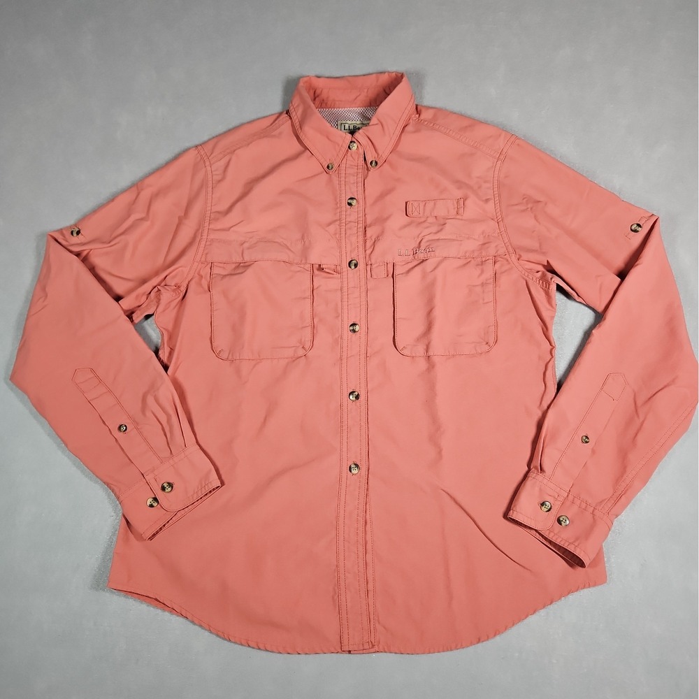 LL Bean Womens Pink Vented Button Up Roll Tab Sleeve Outdoor Shirt Size Medium